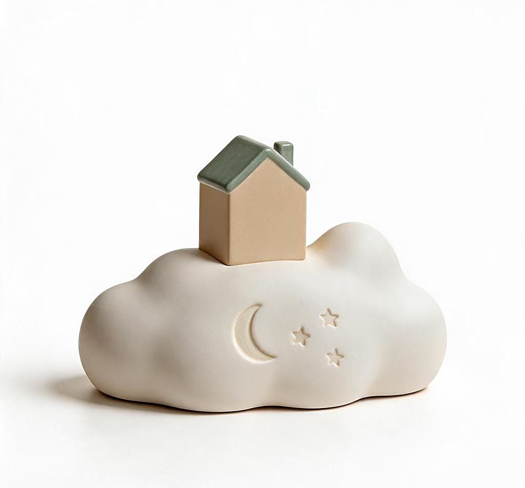 The back of the CloudHaven memorial with a crescent moon and small stars pressed into the cloud