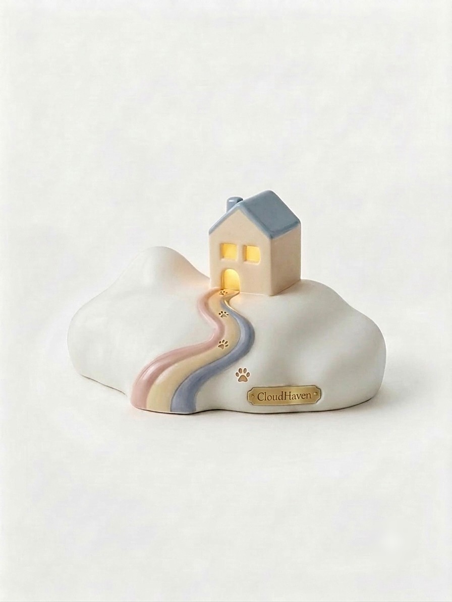 CloudHaven memorial with misty blue rooftop