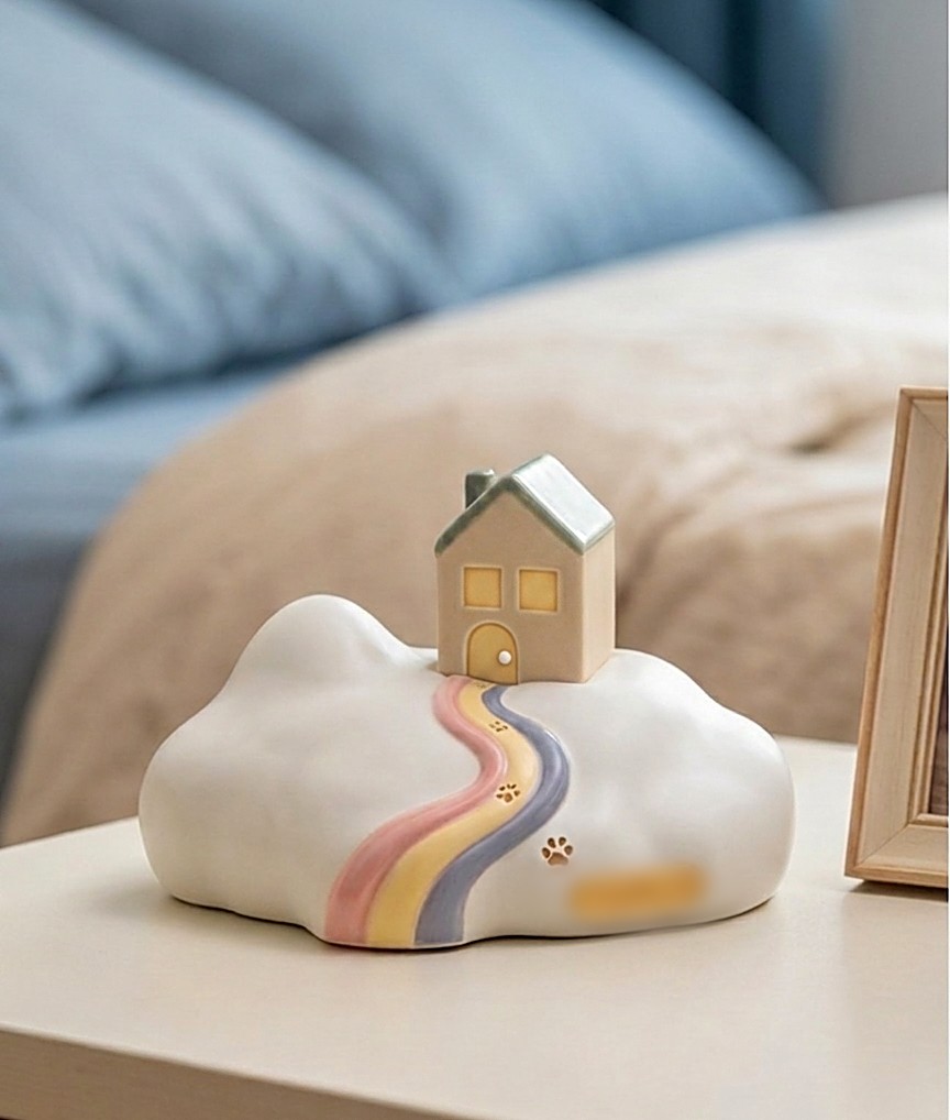 CloudHaven memorial on a bedside table — warm painted windows and doorway, soft matte finish