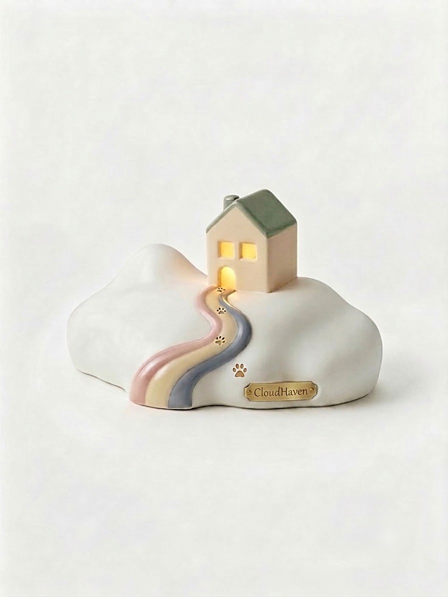 CloudHaven memorial keepsake — a white cloud with a rainbow path, paw prints and a little house with warm lit windows