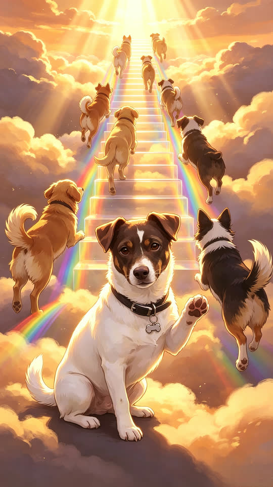 Illustrated frame: a Jack Russell sitting at the foot of a rainbow stairway in the clouds, other dogs climbing ahead