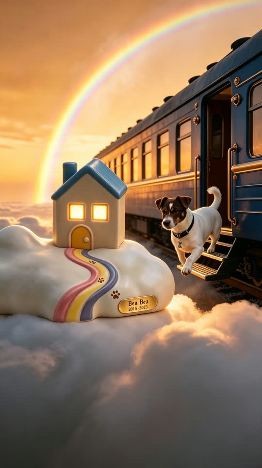 Illustrated frame: the same dog stepping down from a train onto a cloud, beside a small cloud-shaped house