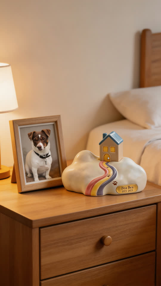 Illustrated frame: the little cloud house resting on a bedside table, next to a framed photo of the dog