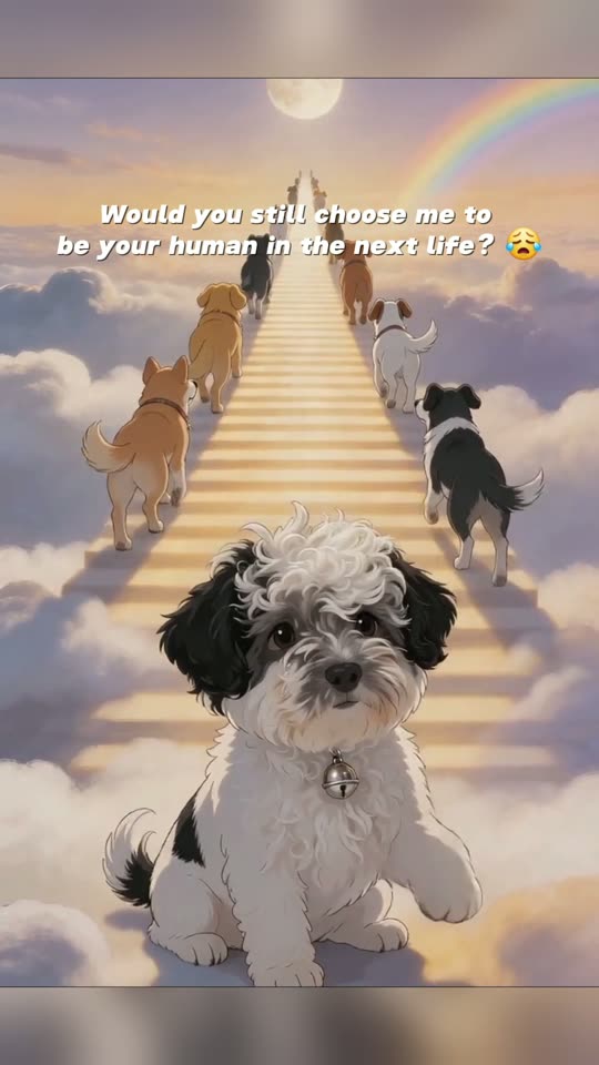 A still from a CloudHaven tribute film — a small dog arriving at a little house on a cloud
