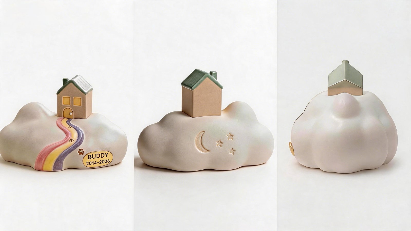 Three design views of the CloudHaven memorial — the rainbow path and nameplate in front, the crescent moon and stars on the back